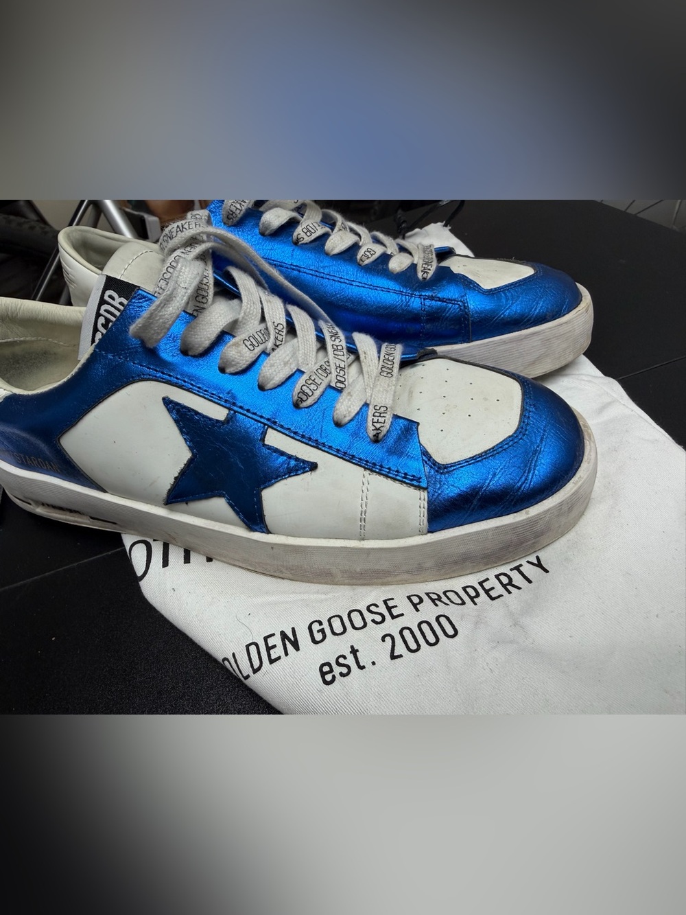 Golden Goose Men’s Metallic Blue & White Superstar Sneakers